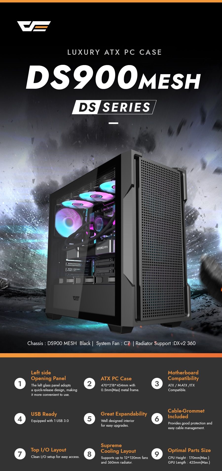DS900 メッシュ ATX PC ケース - darkFlash